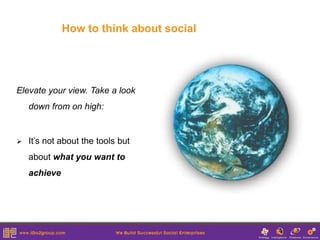 How to think about social




Elevate your view. Take a look
    down from on high:


   It’s not about the tools but
    about what you want to
    achieve
 