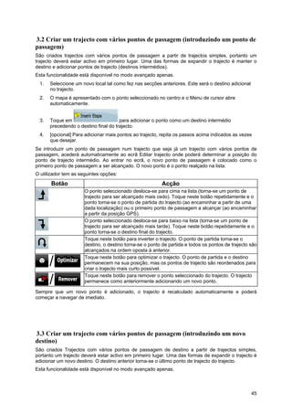 45
3.2 Criar um trajecto com vários pontos de passagem (introduzindo um ponto de
passagem)
São criados trajectos com vários pontos de passagem a partir de trajectos simples, portanto um
trajecto deverá estar activo em primeiro lugar. Uma das formas de expandir o trajecto é manter o
destino e adicionar pontos de trajecto (destinos intermédios).
Esta funcionalidade está disponível no modo avançado apenas.
1. Seleccione um novo local tal como fez nas secções anteriores. Este será o destino adicional
no trajecto.
2. O mapa é apresentado com o ponto seleccionado no centro e o Menu de cursor abre
automaticamente.
3. Toque em para adicionar o ponto como um destino intermédio
precedendo o destino final do trajecto.
4. [opcional] Para adicionar mais pontos ao trajecto, repita os passos acima indicados as vezes
que desejar.
Se introduzir um ponto de passagem num trajecto que seja já um trajecto com vários pontos de
passagem, acederá automaticamente ao ecrã Editar trajecto onde poderá determinar a posição do
ponto de trajecto intermédio. Ao entrar no ecrã, o novo ponto de passagem é colocado como o
primeiro ponto de passagem a ser alcançado. O novo ponto é o ponto realçado na lista.
O utilizador tem as seguintes opções:
Botão Acção
O ponto seleccionado desloca-se para cima na lista (torna-se um ponto de
trajecto para ser alcançado mais cedo). Toque neste botão repetidamente e o
ponto torna-se o ponto de partida do trajecto (ao encaminhar a partir de uma
dada localização) ou o primeiro ponto de passagem a alcançar (ao encaminhar
a partir da posição GPS).
O ponto seleccionado desloca-se para baixo na lista (torna-se um ponto de
trajecto para ser alcançado mais tarde). Toque neste botão repetidamente e o
ponto torna-se o destino final do trajecto.
Toque neste botão para inverter o trajecto. O ponto de partida torna-se o
destino, o destino torna-se o ponto de partida e todos os pontos de trajecto são
alcançados na ordem oposta à anterior.
Toque neste botão para optimizar o trajecto. O ponto de partida e o destino
permanecem na sua posição, mas os pontos de trajecto são reordenados para
criar o trajecto mais curto possível.
Toque neste botão para remover o ponto seleccionado do trajecto. O trajecto
permanece como anteriormente adicionando um novo ponto.
Sempre que um novo ponto é adicionado, o trajecto é recalculado automaticamente e poderá
começar a navegar de imediato.
3.3 Criar um trajecto com vários pontos de passagem (introduzindo um novo
destino)
São criados Trajectos com vários pontos de passagem de destino a partir de trajectos simples,
portanto um trajecto deverá estar activo em primeiro lugar. Uma das formas de expandir o trajecto é
adicionar um novo destino. O destino anterior torna-se o último ponto de trajecto do trajecto.
Esta funcionalidade está disponível no modo avançado apenas.
 
