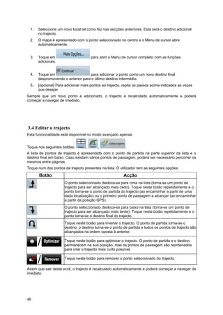 46
1. Seleccione um novo local tal como fez nas secções anteriores. Este será o destino adicional
no trajecto.
2. O mapa é apresentado com o ponto seleccionado no centro e o Menu de cursor abre
automaticamente.
3. Toque em para abrir o Menu de cursor completo com as funções
adicionais.
4. Toque em para adicionar o ponto como um novo destino final
despromovendo o anterior para o último destino intermédio.
5. [opcional] Para adicionar mais pontos ao trajecto, repita os passos acima indicados as vezes
que desejar.
Sempre que um novo ponto é adicionado, o trajecto é recalculado automaticamente e poderá
começar a navegar de imediato.
3.4 Editar o trajecto
Esta funcionalidade está disponível no modo avançado apenas.
Toque nos seguintes botões: , , .
A lista de pontos de trajecto é apresentada com o ponto de partida na parte superior da lista e o
destino final em baixo. Caso existam vários pontos de passagem, poderá ser necessário percorrer os
mesmos entre páginas.
Toque num dos pontos de trajecto presentes na lista. O utilizador tem as seguintes opções:
Botão Acção
O ponto seleccionado desloca-se para cima na lista (torna-se um ponto de
trajecto para ser alcançado mais cedo). Toque neste botão repetidamente e o
ponto torna-se o ponto de partida do trajecto (ao encaminhar a partir de uma
dada localização) ou o primeiro ponto de passagem a alcançar (ao encaminhar
a partir da posição GPS).
O ponto seleccionado desloca-se para baixo na lista (torna-se um ponto de
trajecto para ser alcançado mais tarde). Toque neste botão repetidamente e o
ponto torna-se o destino final do trajecto.
Toque neste botão para inverter o trajecto. O ponto de partida torna-se o
destino, o destino torna-se o ponto de partida e todos os pontos de trajecto são
alcançados na ordem oposta à anterior.
Toque neste botão para optimizar o trajecto. O ponto de partida e o destino
permanecem na sua posição, mas os pontos de passagem são reordenados
para criar o trajecto mais curto possível.
Toque neste botão para remover o ponto seleccionado do trajecto.
Assim que sair deste ecrã, o trajecto é recalculado automaticamente e poderá começar a navegar de
imediato.
 