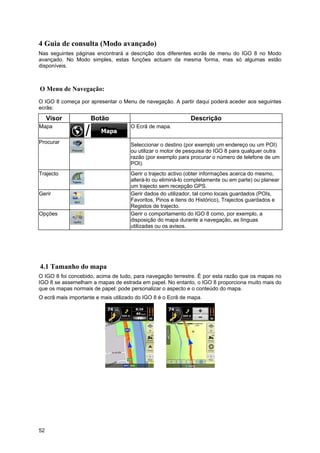 52
4 Guia de consulta (Modo avançado)
Nas seguintes páginas encontrará a descrição dos diferentes ecrãs de menu do IGO 8 no Modo
avançado. No Modo simples, estas funções actuam da mesma forma, mas só algumas estão
disponíveis.
O Menu de Navegação:
O IGO 8 começa por apresentar o Menu de navegação. A partir daqui poderá aceder aos seguintes
ecrãs:
Visor Botão Descrição
Mapa O Ecrã de mapa.
Procurar Seleccionar o destino (por exemplo um endereço ou um POI)
ou utilizar o motor de pesquisa do IGO 8 para qualquer outra
razão (por exemplo para procurar o número de telefone de um
POI).
Trajecto Gerir o trajecto activo (obter informações acerca do mesmo,
alterá-lo ou eliminá-lo completamente ou em parte) ou planear
um trajecto sem recepção GPS.
Gerir Gerir dados do utilizador, tal como locais guardados (POIs,
Favoritos, Pinos e itens do Histórico), Trajectos guardados e
Registos de trajecto.
Opções Gerir o comportamento do IGO 8 como, por exemplo, a
disposição do mapa durante a navegação, as línguas
utilizadas ou os avisos.
4.1 Tamanho do mapa
O IGO 8 foi concebido, acima de tudo, para navegação terrestre. É por esta razão que os mapas no
IGO 8 se assemelham a mapas de estrada em papel. No entanto, o IGO 8 proporciona muito mais do
que os mapas normais de papel: pode personalizar o aspecto e o conteúdo do mapa.
O ecrã mais importante e mais utilizado do IGO 8 é o Ecrã de mapa.
 