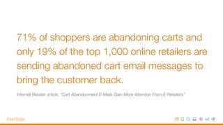 71% of shoppers are abandoning carts and
only 19% of the top 1,000 online retailers are
sending abandoned cart email messages to
bring the customer back. 
Internet Retailer article, “Cart Abandonment E-Mails Gain More Attention From E-Retailers”
 