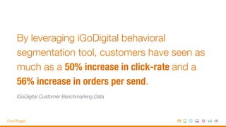 By leveraging iGoDigital behavioral
segmentation tool, customers have seen as
much as a 50% increase in click-rate and a
56% increase in orders per send. 
iGoDigital Customer Benchmarking Data
 