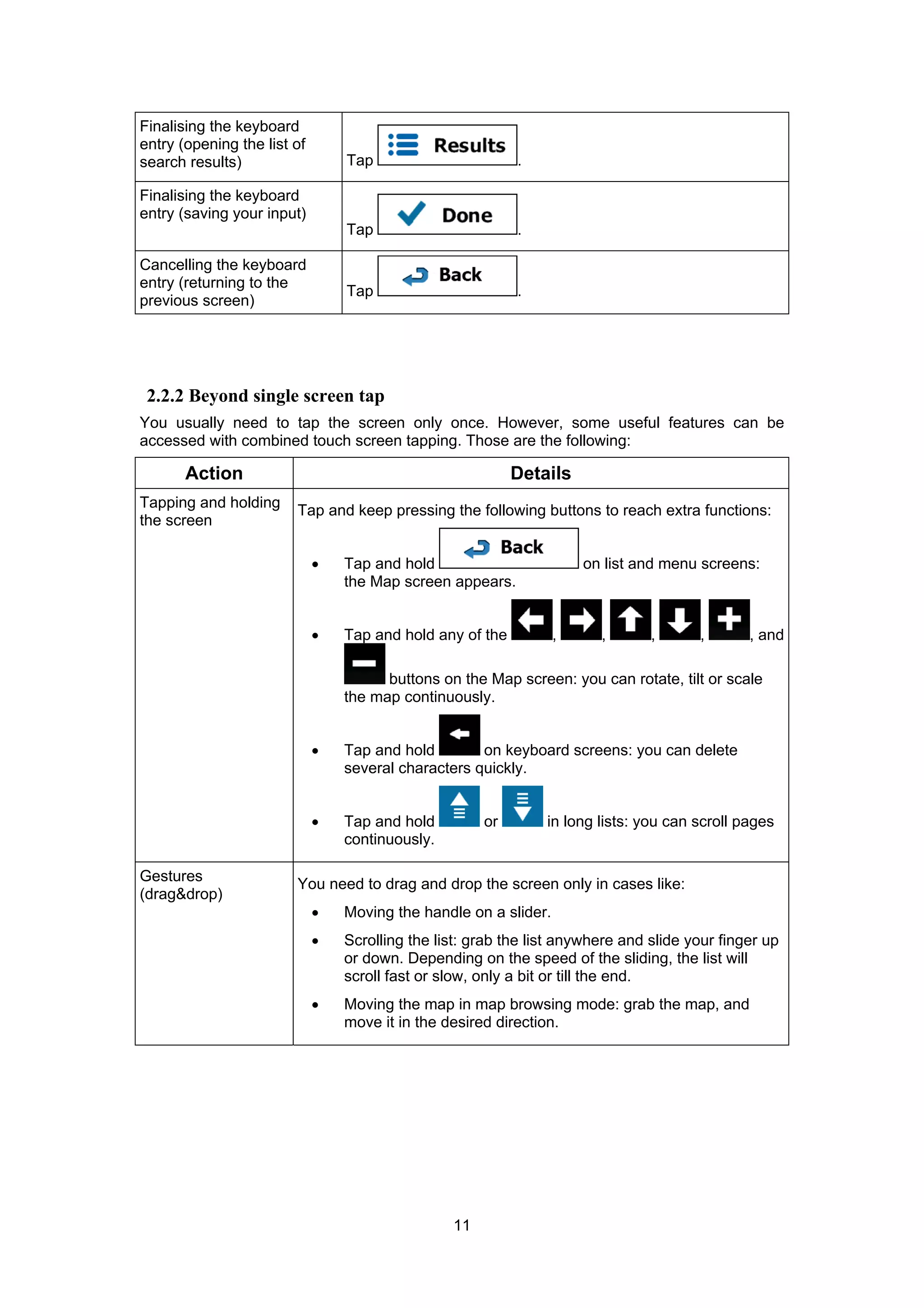 11
Finalising the keyboard
entry (opening the list of
search results) Tap .
Finalising the keyboard
entry (saving your input)
Tap .
Cancelling the keyboard
entry (returning to the
previous screen)
Tap .
2.2.2 Beyond single screen tap
You usually need to tap the screen only once. However, some useful features can be
accessed with combined touch screen tapping. Those are the following:
Action Details
Tapping and holding
the screen
Tap and keep pressing the following buttons to reach extra functions:
• Tap and hold on list and menu screens:
the Map screen appears.
• Tap and hold any of the , , , , , and
buttons on the Map screen: you can rotate, tilt or scale
the map continuously.
• Tap and hold on keyboard screens: you can delete
several characters quickly.
• Tap and hold or in long lists: you can scroll pages
continuously.
Gestures
(drag&drop)
You need to drag and drop the screen only in cases like:
• Moving the handle on a slider.
• Scrolling the list: grab the list anywhere and slide your finger up
or down. Depending on the speed of the sliding, the list will
scroll fast or slow, only a bit or till the end.
• Moving the map in map browsing mode: grab the map, and
move it in the desired direction.
 