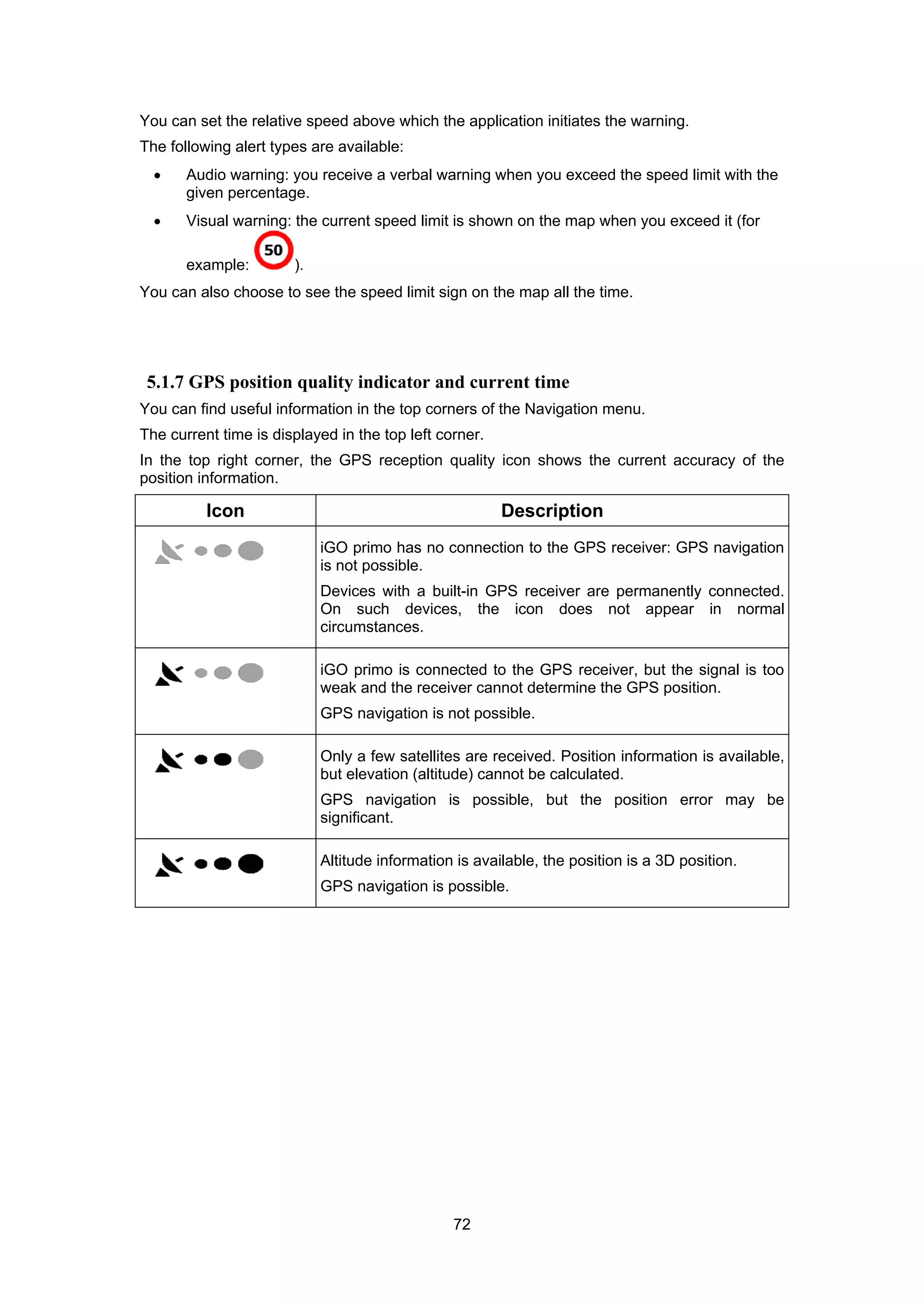 72
You can set the relative speed above which the application initiates the warning.
The following alert types are available:
• Audio warning: you receive a verbal warning when you exceed the speed limit with the
given percentage.
• Visual warning: the current speed limit is shown on the map when you exceed it (for
example: ).
You can also choose to see the speed limit sign on the map all the time.
5.1.7 GPS position quality indicator and current time
You can find useful information in the top corners of the Navigation menu.
The current time is displayed in the top left corner.
In the top right corner, the GPS reception quality icon shows the current accuracy of the
position information.
Icon Description
iGO primo has no connection to the GPS receiver: GPS navigation
is not possible.
Devices with a built-in GPS receiver are permanently connected.
On such devices, the icon does not appear in normal
circumstances.
iGO primo is connected to the GPS receiver, but the signal is too
weak and the receiver cannot determine the GPS position.
GPS navigation is not possible.
Only a few satellites are received. Position information is available,
but elevation (altitude) cannot be calculated.
GPS navigation is possible, but the position error may be
significant.
Altitude information is available, the position is a 3D position.
GPS navigation is possible.
 