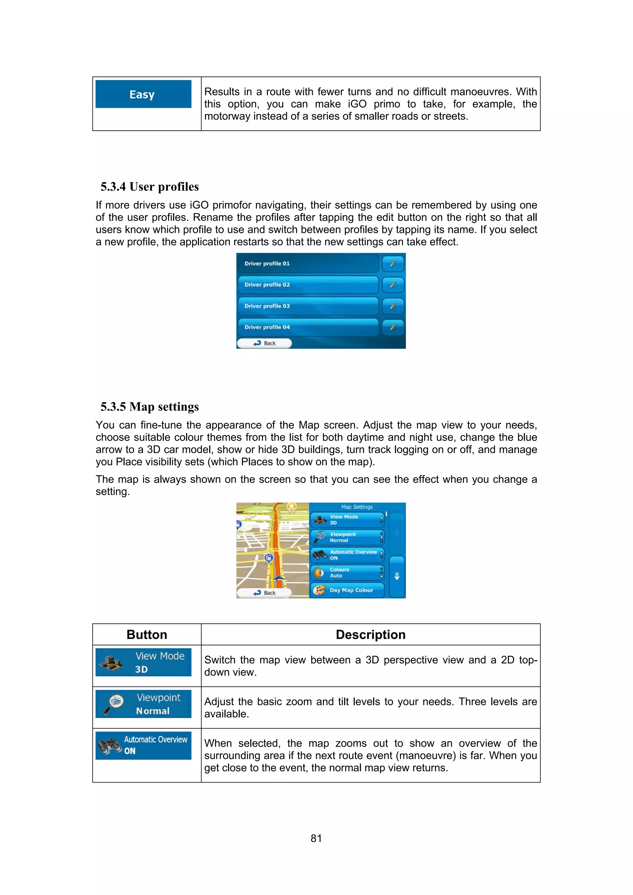 81
Results in a route with fewer turns and no difficult manoeuvres. With
this option, you can make iGO primo to take, for example, the
motorway instead of a series of smaller roads or streets.
5.3.4 User profiles
If more drivers use iGO primofor navigating, their settings can be remembered by using one
of the user profiles. Rename the profiles after tapping the edit button on the right so that all
users know which profile to use and switch between profiles by tapping its name. If you select
a new profile, the application restarts so that the new settings can take effect.
5.3.5 Map settings
You can fine-tune the appearance of the Map screen. Adjust the map view to your needs,
choose suitable colour themes from the list for both daytime and night use, change the blue
arrow to a 3D car model, show or hide 3D buildings, turn track logging on or off, and manage
you Place visibility sets (which Places to show on the map).
The map is always shown on the screen so that you can see the effect when you change a
setting.
Button Description
Switch the map view between a 3D perspective view and a 2D top-
down view.
Adjust the basic zoom and tilt levels to your needs. Three levels are
available.
When selected, the map zooms out to show an overview of the
surrounding area if the next route event (manoeuvre) is far. When you
get close to the event, the normal map view returns.
 