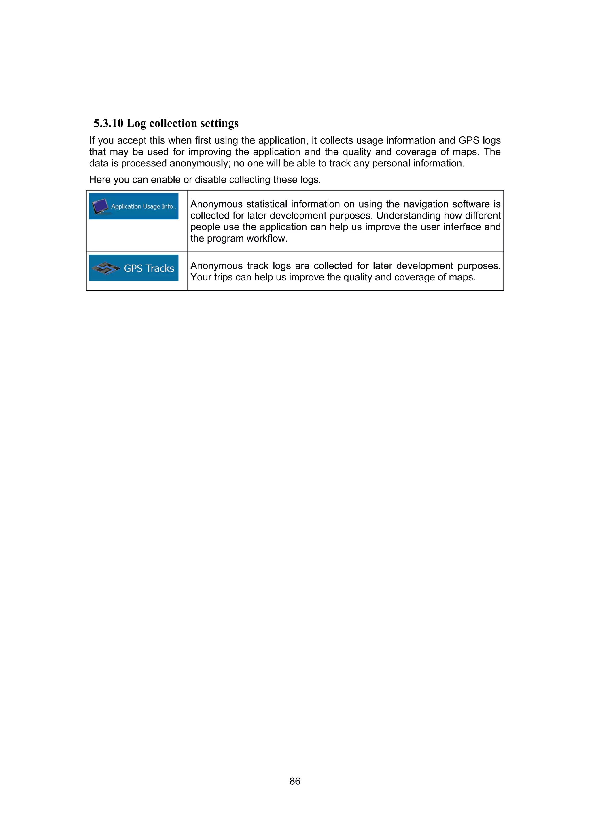 86
5.3.10 Log collection settings
If you accept this when first using the application, it collects usage information and GPS logs
that may be used for improving the application and the quality and coverage of maps. The
data is processed anonymously; no one will be able to track any personal information.
Here you can enable or disable collecting these logs.
Anonymous statistical information on using the navigation software is
collected for later development purposes. Understanding how different
people use the application can help us improve the user interface and
the program workflow.
Anonymous track logs are collected for later development purposes.
Your trips can help us improve the quality and coverage of maps.
 