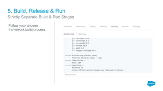 5. Build, Release & Run
Follow your chosen
framework build process
Strictly Separate Build & Run Stages
 