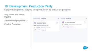 10. Development, Production Parity
Very simple with Heroku
Pipeline
Automated deployments CI
Pipeline Promotion*
Keep development, staging and production as similar as possible
 