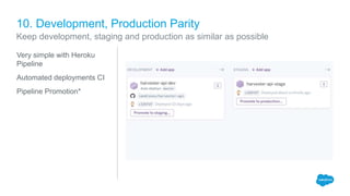 10. Development, Production Parity
Very simple with Heroku
Pipeline
Automated deployments CI
Pipeline Promotion*
Keep deve...