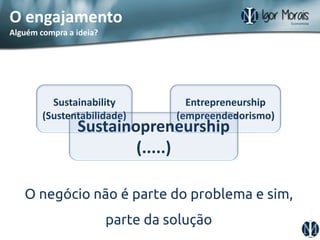 Sustainability (Sustentabilidade) 
Entrepreneurship (empreendedorismo) 
Sustainopreneurship (.....) 
O negócio não é parte do problema e sim, parte da solução 
O engajamento 
Alguém compra a ideia?  