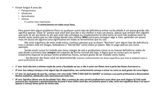 • Foram longos 4 anos de: 
• Planejamentos 
• Obstáculos 
• Aprendizados 
• Vitórias 
E o ponto mais importante: 
- O conhecimento em todas essas fases. 
Para quem tem algum problema físico ou qualquer outro tipo de deficiência entrar na faculdade é um passo grande não 
significa apenas “estar lá” parece que você tem que dar o seu melhor e mais um pouco, apesar que sempre tem alguém 
que quer te ver pra baixo ou diz que você não consegue ou simplesmente te olha como se você não pudesse estar lá, 
muitas vezes sentia que eu não estava dando meu melhor MAS corria pra conseguir algo a mais, aprender um pouco 
mais em busca de alguma coisa significativa em todas as ferramentas que eu uso. 
Me sinto orgulhoso de estar onde estou, conheço pessoas que se dizem “Normais” sem algum tipo de deficiência 
mas o cérebro está em drogas, bebedeiras e “blá blá blá” como todos já sabem. Não os julgo apenas uso como 
exemplo. 
Sendo assim nunca fui tratado por meus colegas de sala e professores como se eu tivesse deficiência, todos da 
sala desde a primeira fase sempre me trataram de forma normal até hoje, e lógico que eu nunca quis ou queria 
tratamento especial só porque tenho problemas físicos, sempre gostei de ser tratado como todos. 
- Ao decorrer das fases você vai desenvolvendo maiores conhecimentos em áreas específicas que mais te adaptam para a 
parte profissional da vida. 
• 1° ano: Você não tem a mínima noção de como a faculdade vai ser, e não é como nos filmes nem a parte das festas churrascos rs. 
• 2º ano: Sua cabeça começa a criar algum tipo de expectativa, seu conhecimento começa a entrar no rumo se você gostar do curso lógico. 
• 3 º ano: Se você gosta do que faz, começa a ter uma visão “OPA É ISSO QUE EU QUERO” ai começa a sua parte profissional a desencadear. 
Muitos trabalhos, obstáculos mais você passa por tudo isso. 
• 4º ano: Significa último ano de faculdade? Sim. Mas o começo de uma carreira profissional e quer dizer que você chegou lá! Está onde 
procurou por respostas e questionamentos durante 4 anos enfim você deu um próximo passo a vida, sinto-me orgulhoso disso e sei que é 
apenas o começo dessa parte da minha vida. 
 