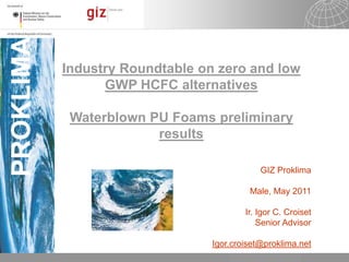 Industry Roundtable on zero and low GWP HCFC alternatives Waterblown PU Foams preliminary results   GIZ Proklima Male, May 2011 Ir. Igor C. Croiset Senior Advisor Igor.croiset@proklima.net 