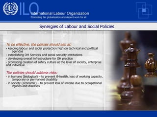 Synergies of Labour and Social Policies



To be effective, the policies should aim at:
- keeping labour and social protection high on technical and political
     agendas
- establishing OH Services and social security institutions
- developing overall infrastructure for OH practice
- promoting creation of safety culture at the level of society, enterprise
and individual

The policies should address risks:
- in humans (biological) – to prevent ill-health, loss of working capacity,
     temporary or permanent disability
- in society (economic) – to prevent loss of income due to occupational
     injuries and diseases
 
