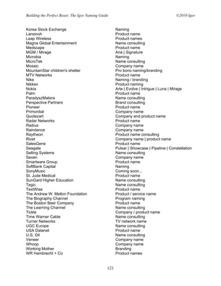 Building the Perfect Beast: The Igor Naming Guide                                        ©2010 Igor


Korea Stock Exchange                                  Naming
Lansinoh                                              Product name
Leap Wireless                                         Product names
Magna Global Entertainment                            Name consulting
Medscape                                              Product name
MGM / Mirage                                          Aria | Signature
Microbia                                              Naming
MicroTek                                              Name consulting
Mosaic                                                Company name
MountainStar children's shelter                       Pro bono naming/branding
MTV Networks                                          Product name
Nike                                                  Naming / branding
Nikken                                                Product naming
Nokia                                                 Arte | Evolve | Intrigue | Luna | Mirage
Palm                                                  Product name
ParadyszMatera                                        Name consulting
Perspective Partners                                  Brand consulting
Pioneer                                               Product name
Primordial                                            Company name
Quotezart                                             Company and product name
Radar Networks                                        Product name
Radius                                                Company name
Raindance                                             Company name
Raytheon                                              Product name consulting
Rivet                                                 Company name | product name
SalesGene                                             Product name
Seagate                                               Pulsar | Showcase | Pipeline | Constellation
Selling Systems                                       Name consulting
Seven                                                 Company name
Smartware Group                                       Product name
SoftBank Capital                                      Naming
SonyMusic                                             Coming soon...
St. Jude Medical                                      Product name
SunGard Higher Education                              Name consulting
Tegic                                                 Name consulting
TextWise                                              Product name
The Andrew W. Mellon Foundation                       Product / service name
The Biography Channel                                 Program naming
The Boston Beer Company                               Product name
The Learning Channel                                  Name consulting
Tickle                                                Company / product name
Time Warner Cable                                     Name consulting
Turner Networks                                       TV network name
UGC Europe                                            Name consulting
USA Datanet                                           Product name
U.S. Oil                                              Name consulting
Veneer                                                Company name
Whoop                                                 Company name
Working Mother                                        Branding
WR Hambrecht + Co                                     Product names


                                                121
 