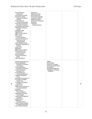 Building the Perfect Beast: The Igor Naming Guide                                        ©2010 Igor


      Drug Information            Intermedica
         Association              Meniscus Limited
      The Endocrine Society       METIS BioComm
      Endoscopic Plastic          Pharmedica Holdings
         Surgery Educational      Pragmaton Office of
         Seminar                  Medical Education
      FCG Institute for           Sicola Communications
         Continuing Education     Symbiotix
      Frank Moya Continuing       TriGenesis
         Education Programs          Communications
      The Governance Institute
      Hatherleigh Company
         Limited
      HealthOne CME
      HealthStream
      HMP Communications
      IMPC Travel
      Informedical
         Communications
      International Society for
         Heart and Lung
         Transplantation
      Joslin Diabetes Center
      Laboratory Corporation of
         America
      Lahey Clinic
      MedCases
      MPE Communications
      PDI Education and
         Communications
      PESI Healthcare
      Thomson Physicians
         World
      UBH International

      Continuing Education Inc.                                AdMed
      Continuing Medical                                       AdvanceMed
        Education Committee                                    Advanced Concepts
        of Acadiana                                            Advanced Health Media
      Continuing Medical                                       AdvancMed
        Education Consortium                                   Advantage Healthcare
      Continuing Medical                                       Inter@ctive Information
        Education, Inc.                                           Solutions
      Cruise Meetings &
        Continuing Education
      Database Publishing
        Group
      Educational Symposia Inc
      Foundation for Better
        Health Care
      Foundation for Medical
-2      Excellence                                                                               -2
      Health Forum
      Health Science Center for
        Continuing Medical
      Education
      Health Science
        Communications
      Healthcare Information
        Technologies
      Healthcare Management
        University
      HealthPartners
      Healthways
        Communications
      Health Partners Institute
        for Medical Education
      Home Study Educators



                                                          31
 