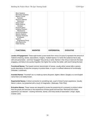 Building the Perfect Beast: The Igor Naming Guide                                               ©2010 Igor


      Micro Systems
      Microwave Solutions
      Mission Critical
         Eyewear
      NavCom Defense
         Electronics
      Object Video
      Pacific Noise &
         Vibration
      Physical Optics
      Rotating Precision
         Mechanisms
      Sound Innovations
      Spectra Systems
      Spectrum Sciences
         & Software
      Systems
         Engineering Group
      Ultra Electronics
      Video Scoring



      FUNCTIONAL               INVENTED                  EXPERIENTIAL           EVOCATIVE


Levels of Engagement: These eight levels (y-axis levels from minus 2 to plus 5) represent the amount of
material (meaning, stories, associations, imagery, multiple layers) in a name the audience has to play
with and personalize – and how "engaged" they are by a name. Names in the minus 2 level are the least
engaging, and likely to be quickly forgotten; the higher the number the better, with level 5 being the best.

Functional Names: The lowest common denominator of names, usually either named after a person,
purely descriptive of what the company or product does, or a pre- or suffixed reference to functionality.
(Infoseek, LookSmart)

Invented Names: "Invented" as in a made-up name (Acquient, Agilent, Alliant, Google) or a non-English
name that is not widely known.

Experiential Names: A direct connection to something real, a part of direct human experience. Usually
literal in nature, but presented with a touch of imagination. (Netscape, Palm Pilot)

Evocative Names: These names are designed to evoke the positioning of a company or product rather
than the goods and services or the experience of those goods and services. Removed from direct
experience, but relevant – evoking memories, stories, and many levels of association. (Virgin, Apple,
Cracker Jack)




                                                    35
 