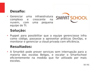 10 / 61
Desafio:
●
Gerenciar uma infraestrutura
complexa e crescente na
nuvem, com uma pequena
equipe de TI.
Solução:
●
Puppet para possibilitar que a equipe gerenciasse infra
como código, passasse a aproveitar práticas DevOps, e
monitorar e gerenciar a cloud privada com eficiência.
Resultados:
●
A Smartbit pode prover serviços sem interrupção para a
maioria das escolas Belgas, e escalar o Smartschool
eficientemente na medida que for utilizado por mais
escolas.
 