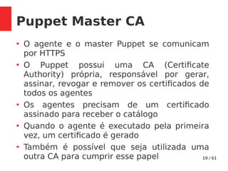 19 / 61
Puppet Master CA
●
O agente e o master Puppet se comunicam
por HTTPS
●
O Puppet possui uma CA (Certificate
Authority) própria, responsável por gerar,
assinar, revogar e remover os certificados de
todos os agentes
●
Os agentes precisam de um certificado
assinado para receber o catálogo
●
Quando o agente é executado pela primeira
vez, um certificado é gerado
●
Também é possível que seja utilizada uma
outra CA para cumprir esse papel
 