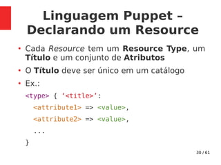 30 / 61
Linguagem Puppet –
Declarando um Resource
●
Cada Resource tem um Resource Type, um
Título e um conjunto de Atributos
●
O Título deve ser único em um catálogo
●
Ex.:
<type> { ‘<title>’:
<attribute1> => <value>,
<attribute2> => <value>,
...
}
 