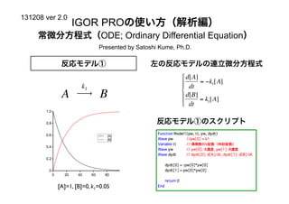 131208 ver 2.0

IGOR PROの使い方（解析編）

常微分方程式（ODE; Ordinary Differential Equation）
Presented by Satoshi Kume, Ph.D.

左の反応モデルの連立微分方程式

反応モデル①

A

k1	


⎧ d[A]
⎪ dt = −k1[A]
⎨
⎪ d[B] = k [A]
1
⎩ dt

B

1.0

反応モデル①のスクリプト

0.8
0.6

€

[A]
[B]

€

0.4
0.2
0

0

20

40

60

80

[A]=1, [B]=0, k1=0.05

€

 
