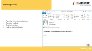 Planning issues
• Planning from top to bottom
• Decision making
• Reprioritization
• Lack of statistical data
 