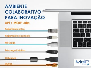 AMBIENTE
COLABORATIVO
PARA INOVAÇÃO
API + MOIP Labs
Pagamento único


Pagamento recorrente


Pré-pago


Pós-pago Rotativo


Cobrança

Outros
 