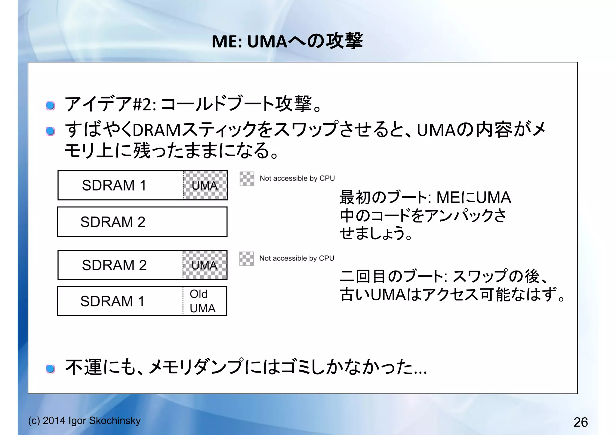 26(c) 2014 Igor Skochinsky
ME:	
  UMA 	
  
!   #2:	
   	
  
!   DRAM UMA
	
  
!   ...	
  
: ME UMA
:
UMA
 