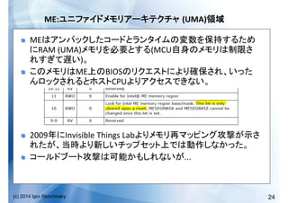 24(c) 2014 Igor Skochinsky
ME: (UMA) 	
  
!   ME
RAM	
  (UMA) (MCU
) 	
  
!   ME BIOS
CPU 	
  
!   2009 Invisible	
  Things	
  Lab
	
  
!   ...	
  
 