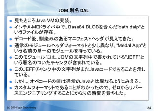 34(c) 2014 Igor Skochinsky
JOM	
   DAL	
  
!   Java VM
!   ME Base64 BLOB "oath.dalp"
!  
!   "Medal App"
!   JOM "JEFF"
!   JEFF Java
!   Java
!  
 
