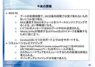 48(c) 2014 Igor Skochinsky
	
  
!   BIOS	
  RE	
  
!   ME
	
  
!   ME BIOS
	
  
!   BIOS 	
  
!   Nikolaj	
  Schlej UEFITool UEFI
	
  
hkps://github.com/NikolajSchlej/UEFITool	
  
!   Coreboot ME 	
  
!   	
  
!   Open	
  Virtual	
  Plalorm	
  (www.ovpworld.org)	
   ARC600
ARC700(ARCompact ) 	
  
!  
	
  
!   	
  
 