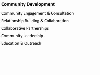Community Development
Community Engagement & Consultation
Relationship Building & Collaboration
Collaborative Partnerships
Community Leadership
Education & Outreach
 