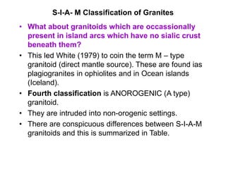 S-I-A- M Classification of Granites
• What about granitoids which are occassionally
present in island arcs which have no sialic crust
beneath them?
• This led White (1979) to coin the term M – type
granitoid (direct mantle source). These are found ias
plagiogranites in ophiolites and in Ocean islands
(Iceland).
• Fourth classification is ANOROGENIC (A type)
granitoid.
• They are intruded into non-orogenic settings.
• There are conspicuous differences between S-I-A-M
granitoids and this is summarized in Table.
 