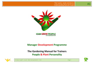 Their wants, needs and desires
                                    Understanding Plants & People    A1




             Manager Development Programme

              The Gardening Manual for Trainers
                  People & Plant Personality
Copyright-Ican Development Ltd                          Page 1
 