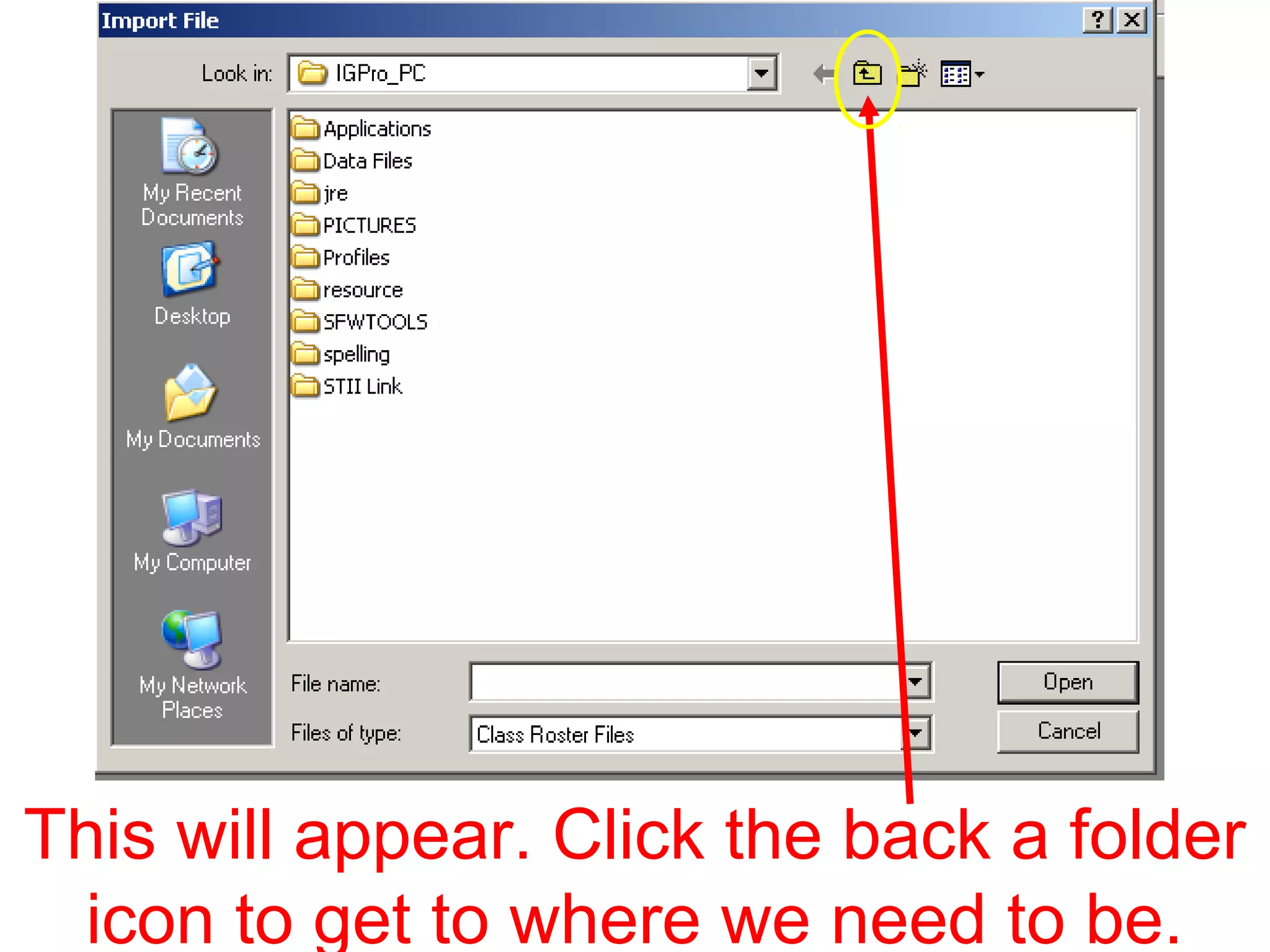 This will appear. Click the back a folder
icon to get to where we need to be.
 