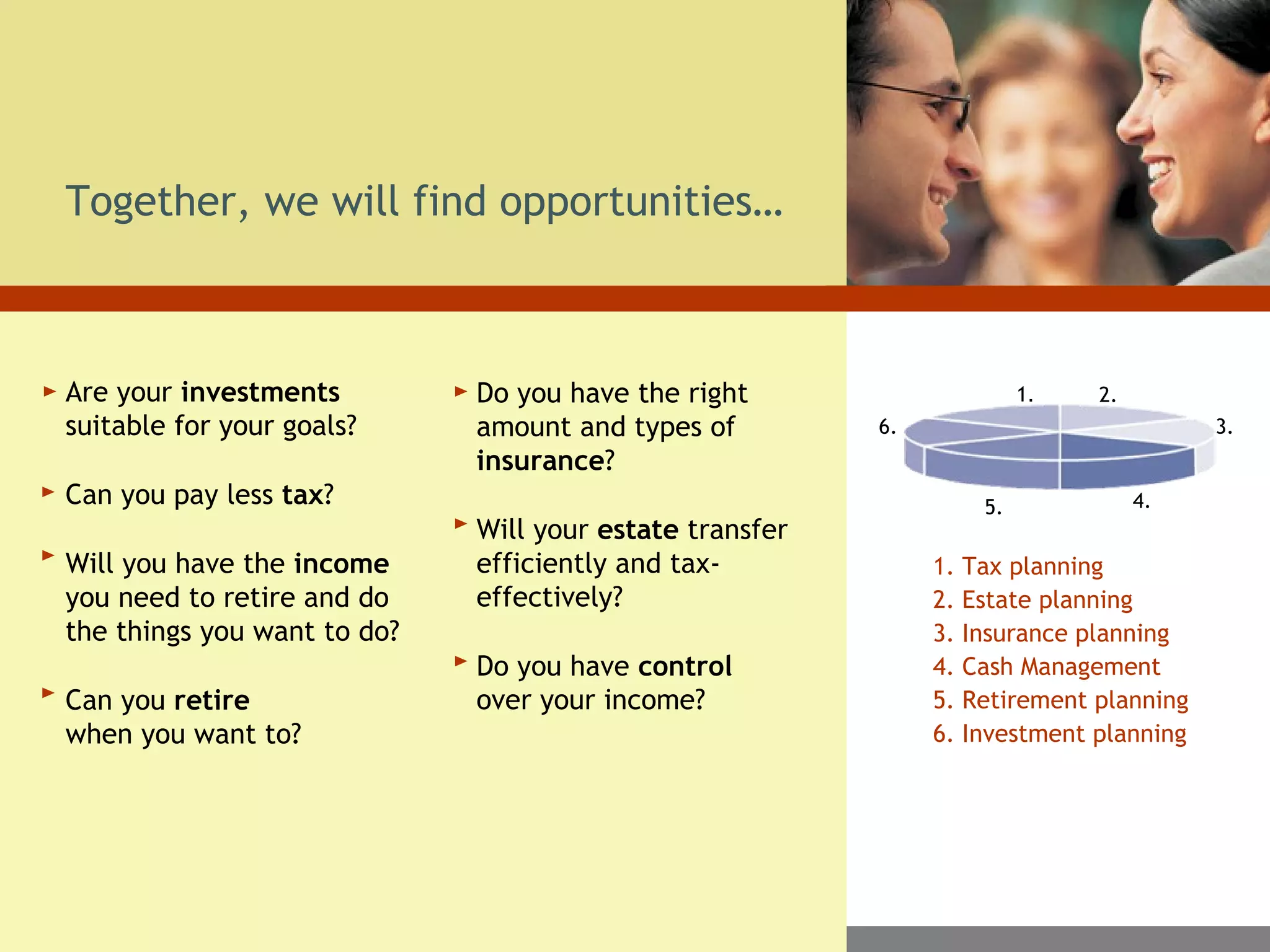 Together, we will find opportunities…
Are your investments
suitable for your goals?
Can you pay less tax?
Will you have the income
you need to retire and do
the things you want to do?
Can you retire
when you want to?
Do you have the right
amount and types of
insurance?
Will your estate transfer
efficiently and tax-
effectively?
Do you have control
over your income?
1. Tax planning
2. Estate planning
3. Insurance planning
4. Cash Management
5. Retirement planning
6. Investment planning
1. 2.
3.
4.5.
6.
 