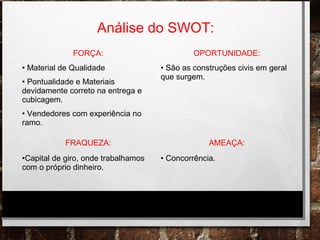 FORÇA: OPORTUNIDADE:
• Material de Qualidade
• Pontualidade e Materiais
devidamente correto na entrega e
cubicagem.
• Vendedores com experiência no
ramo.
• São as construções civis em geral
que surgem.
FRAQUEZA: AMEAÇA:
•Capital de giro, onde trabalhamos
com o próprio dinheiro.
• Concorrência.
Análise do SWOT:
 