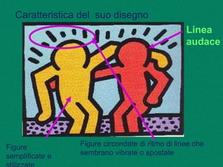 Caratteristica del suo disegno
Linea
audace
Figure
semplificate e
Figure circondate di ritmo di linee che
sembrano vibrate o spostate
 