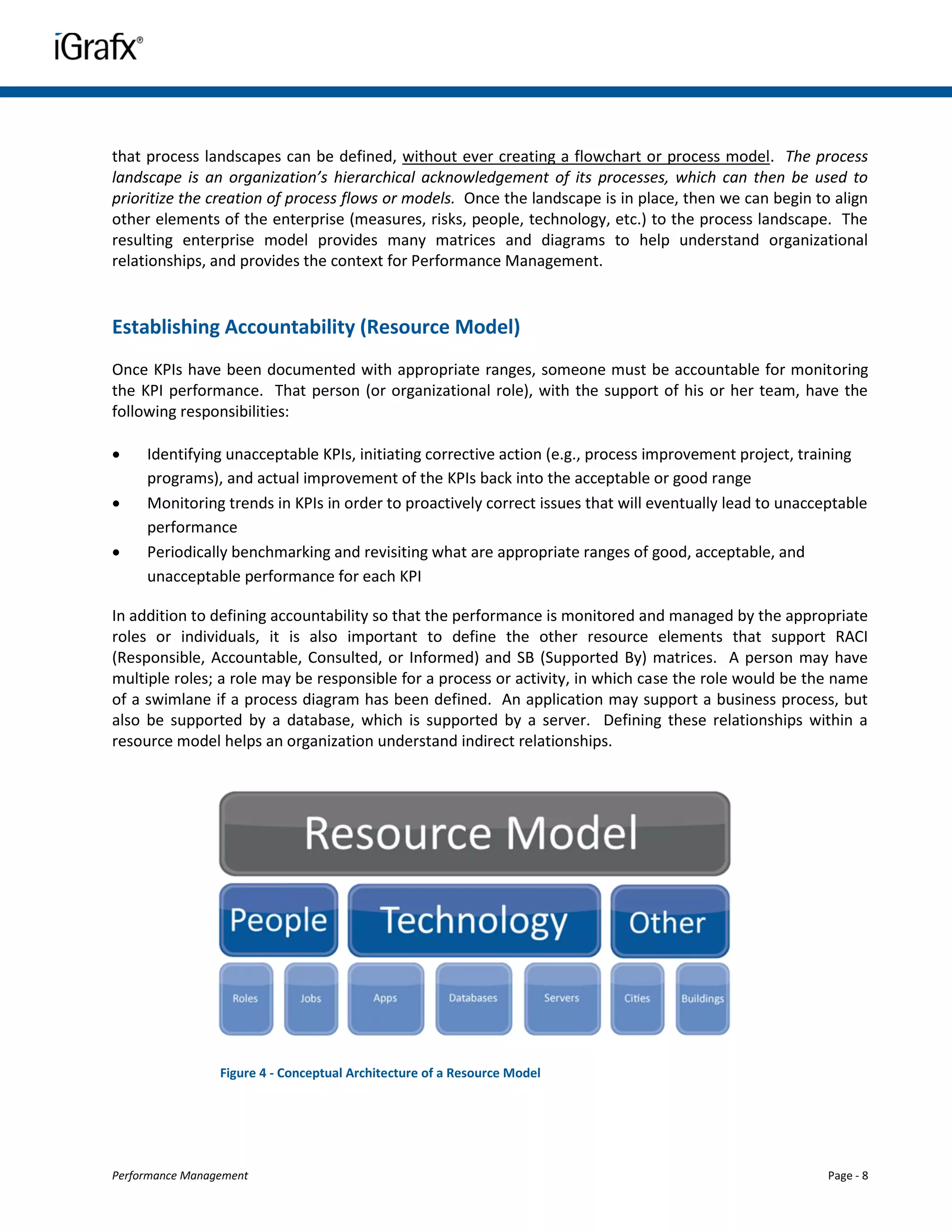that process landscapes can be defined, without ever creating a flowchart or process model. The process
landscape is an organization’s hierarchical acknowledgement of its processes, which can then be used to
prioritize the creation of process flows or models. Once the landscape is in place, then we can begin to align
other elements of the enterprise (measures, risks, people, technology, etc.) to the process landscape. The
resulting enterprise model provides many matrices and diagrams to help understand organizational
relationships, and provides the context for Performance Management.


Establishing Accountability (Resource Model)
Once KPIs have been documented with appropriate ranges, someone must be accountable for monitoring
the KPI performance. That person (or organizational role), with the support of his or her team, have the
following responsibilities:

    Identifying unacceptable KPIs, initiating corrective action (e.g., process improvement project, training
     programs), and actual improvement of the KPIs back into the acceptable or good range
    Monitoring trends in KPIs in order to proactively correct issues that will eventually lead to unacceptable
     performance
    Periodically benchmarking and revisiting what are appropriate ranges of good, acceptable, and
     unacceptable performance for each KPI

In addition to defining accountability so that the performance is monitored and managed by the appropriate
roles or individuals, it is also important to define the other resource elements that support RACI
(Responsible, Accountable, Consulted, or Informed) and SB (Supported By) matrices. A person may have
multiple roles; a role may be responsible for a process or activity, in which case the role would be the name
of a swimlane if a process diagram has been defined. An application may support a business process, but
also be supported by a database, which is supported by a server. Defining these relationships within a
resource model helps an organization understand indirect relationships.




                 Figure 4 - Conceptual Architecture of a Resource Model




Performance Management                                                                                   Page - 8
 