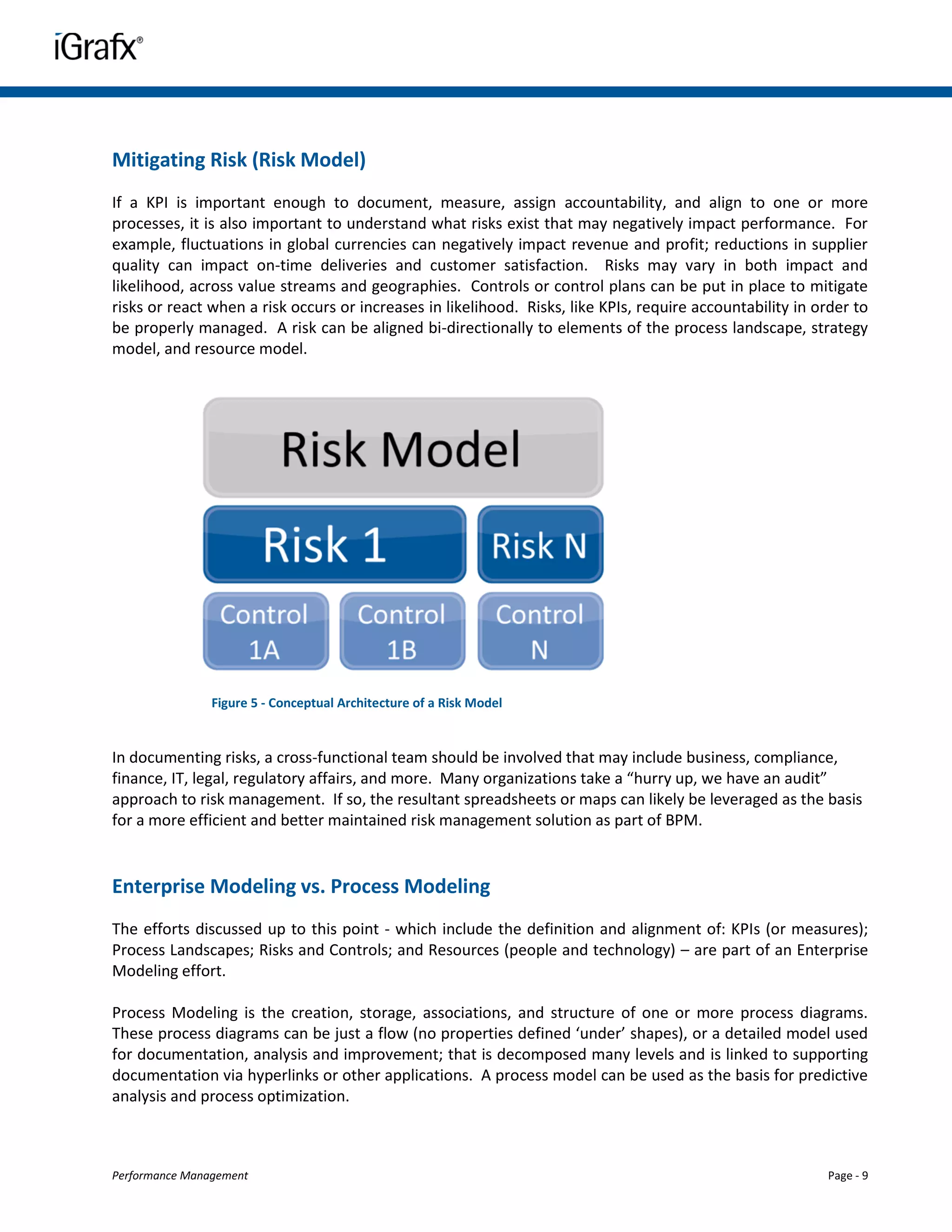Mitigating Risk (Risk Model)
If a KPI is important enough to document, measure, assign accountability, and align to one or more
processes, it is also important to understand what risks exist that may negatively impact performance. For
example, fluctuations in global currencies can negatively impact revenue and profit; reductions in supplier
quality can impact on-time deliveries and customer satisfaction. Risks may vary in both impact and
likelihood, across value streams and geographies. Controls or control plans can be put in place to mitigate
risks or react when a risk occurs or increases in likelihood. Risks, like KPIs, require accountability in order to
be properly managed. A risk can be aligned bi-directionally to elements of the process landscape, strategy
model, and resource model.




                Figure 5 - Conceptual Architecture of a Risk Model


In documenting risks, a cross-functional team should be involved that may include business, compliance,
finance, IT, legal, regulatory affairs, and more. Many organizations take a “hurry up, we have an audit”
approach to risk management. If so, the resultant spreadsheets or maps can likely be leveraged as the basis
for a more efficient and better maintained risk management solution as part of BPM.


Enterprise Modeling vs. Process Modeling
The efforts discussed up to this point - which include the definition and alignment of: KPIs (or measures);
Process Landscapes; Risks and Controls; and Resources (people and technology) – are part of an Enterprise
Modeling effort.

Process Modeling is the creation, storage, associations, and structure of one or more process diagrams.
These process diagrams can be just a flow (no properties defined ‘under’ shapes), or a detailed model used
for documentation, analysis and improvement; that is decomposed many levels and is linked to supporting
documentation via hyperlinks or other applications. A process model can be used as the basis for predictive
analysis and process optimization.



Performance Management                                                                                     Page - 9
 
