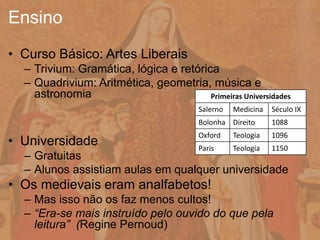 • Curso Básico: Artes Liberais
– Trivium: Gramática, lógica e retórica
– Quadrivium: Aritmética, geometria, música e
astronomia
• Universidade
– Gratuitas
– Alunos assistiam aulas em qualquer universidade
• Os medievais eram analfabetos!
– Mas isso não os faz menos cultos!
– “Era-se mais instruído pelo ouvido do que pela
leitura” (Regine Pernoud)
Ensino
Primeiras Universidades
Salerno Medicina Século IX
Bolonha Direito 1088
Oxford Teologia 1096
Paris Teologia 1150
 