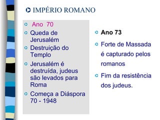 IMPÉRIO ROMANO Ano 73 Forte de Massada é capturado pelos romanos Fim da resistência dos judeus. Ano  70 Queda de Jerusalém  Destruição do Templo Jerusalém é destruída, judeus são levados para Roma Começa a Diáspora 70 - 1948 
