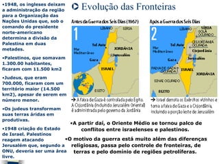 Evolução das Fronteiras 1948, os ingleses deixam a administração da região para a Organização das Nações Unidas que, sob o comando do presidente norte-americano determina a divisão da Palestina em duas metades.  Palestinos, que somavam 1.300.00 habitantes, ficaram com 11.500 km2  Judeus, que eram 700.000, ficaram com um território maior (14.500 km2), apesar de serem em número menor. Os judeus transformam suas terras áridas em produtivas. 1948 criação do Estado de Israel. Palestinos reagem atacando Jerusalém que, segundo a ONU, deveria ser uma área livre.   A partir daí, o Oriente Médio se tornou palco de conflitos entre israelenses e palestinos.  O motivo da guerra está muito além das diferenças religiosas, passa pelo controle de fronteiras, de terras e pelo domínio de regiões petrolíferas.   