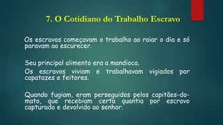 7. O Cotidiano do Trabalho Escravo
Os escravos começavam o trabalho ao raiar o dia e só
paravam ao escurecer.
Seu principal alimento era a mandioca.
Os escravos viviam e trabalhavam vigiados por
capatazes e feitores.
Quando fugiam, eram perseguidos pelos capitães-do-
mato, que recebiam certa quantia por escravo
capturado e devolvido ao senhor.
 