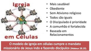 • Mais saudável
• Obediente
• Sem Ativismo religioso
• Todos são iguais
• O Discipulado é prioridade
• A comunhão é fortalecida
• Baseada em
Relacionamentos
 