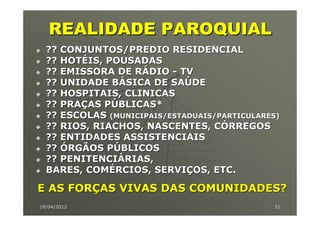 REALIDADE PAROQUIAL
  ?? CONJUNTOS/PREDIO RESIDENCIAL
  ?? HOTÉIS, POUSADAS
  ?? EMISSORA DE RÁDIO - TV
  ?? UNIDADE BÁSICA DE SAÚDE
  ?? HOSPITAIS, CLINICAS
  ?? PRAÇAS PÚBLICAS*
  ?? ESCOLAS (MUNICIPAIS/ESTADUAIS/PARTICULARES)
  ?? RIOS, RIACHOS, NASCENTES, CÓRREGOS
  ?? ENTIDADES ASSISTENCIAIS
  ?? ÓRGÃOS PÚBLICOS
  ?? PENITENCIÁRIAS,
  BARES, COMÉRCIOS, SERVIÇOS, ETC.

E AS FORÇAS VIVAS DAS COMUNIDADES?
19/04/2012                                    31
 