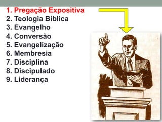 1. Pregação Expositiva
2. Teologia Bíblica
3. Evangelho
4. Conversão
5. Evangelização
6. Membresia
7. Disciplina
8. Discipulado
9. Liderança
 