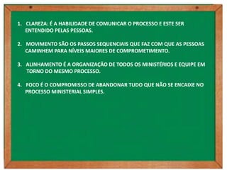1. CLAREZA: É A HABILIDADE DE COMUNICAR O PROCESSO E ESTE SER
   ENTENDIDO PELAS PESSOAS.

2. MOVIMENTO SÃO OS PASSOS SEQUENCIAIS QUE FAZ COM QUE AS PESSOAS
   CAMINHEM PARA NÍVEIS MAIORES DE COMPROMETIMENTO.

3. ALINHAMENTO É A ORGANIZAÇÃO DE TODOS OS MINISTÉRIOS E EQUIPE EM
   TORNO DO MESMO PROCESSO.

4. FOCO É O COMPROMISSO DE ABANDONAR TUDO QUE NÃO SE ENCAIXE NO
   PROCESSO MINISTERIAL SIMPLES.
 