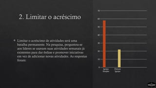 2. Limitar o acréscimo
 Limitar o acréscimo de atividades será uma
batalha permanente. Na pesquisa, perguntou-se
aos líderes se usavam suas atividades semanais já
existentes para dar ênfase e promover iniciativas
em vez de adicionar novas atividades. As respostas
foram:
Igrejas
Simples
Demais
Igrejas
0
10
20
30
40
50
60
70
 