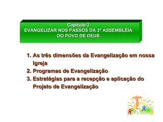 Capítulo 3 EVANGELIZAR NOS PASSOS DA 3ª ASSEMBLÉIA DO POVO DE DEUS As três dimensões da Evangelização em nossa Igreja Programas de Evangelização Estratégias para a recepção e aplicação do Projeto de Evangelização 