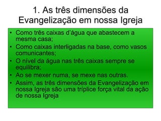 1. As três dimensões da Evangelização em nossa Igreja Como três caixas d’água que abastecem a mesma casa; Como caixas interligadas na base, como vasos comunicantes; O nível da água nas três caixas sempre se equilibra; Ao se mexer numa, se mexe nas outras. Assim, as três dimensões da Evangelização em nossa Igreja são uma tríplice força vital da ação de nossa Igreja 